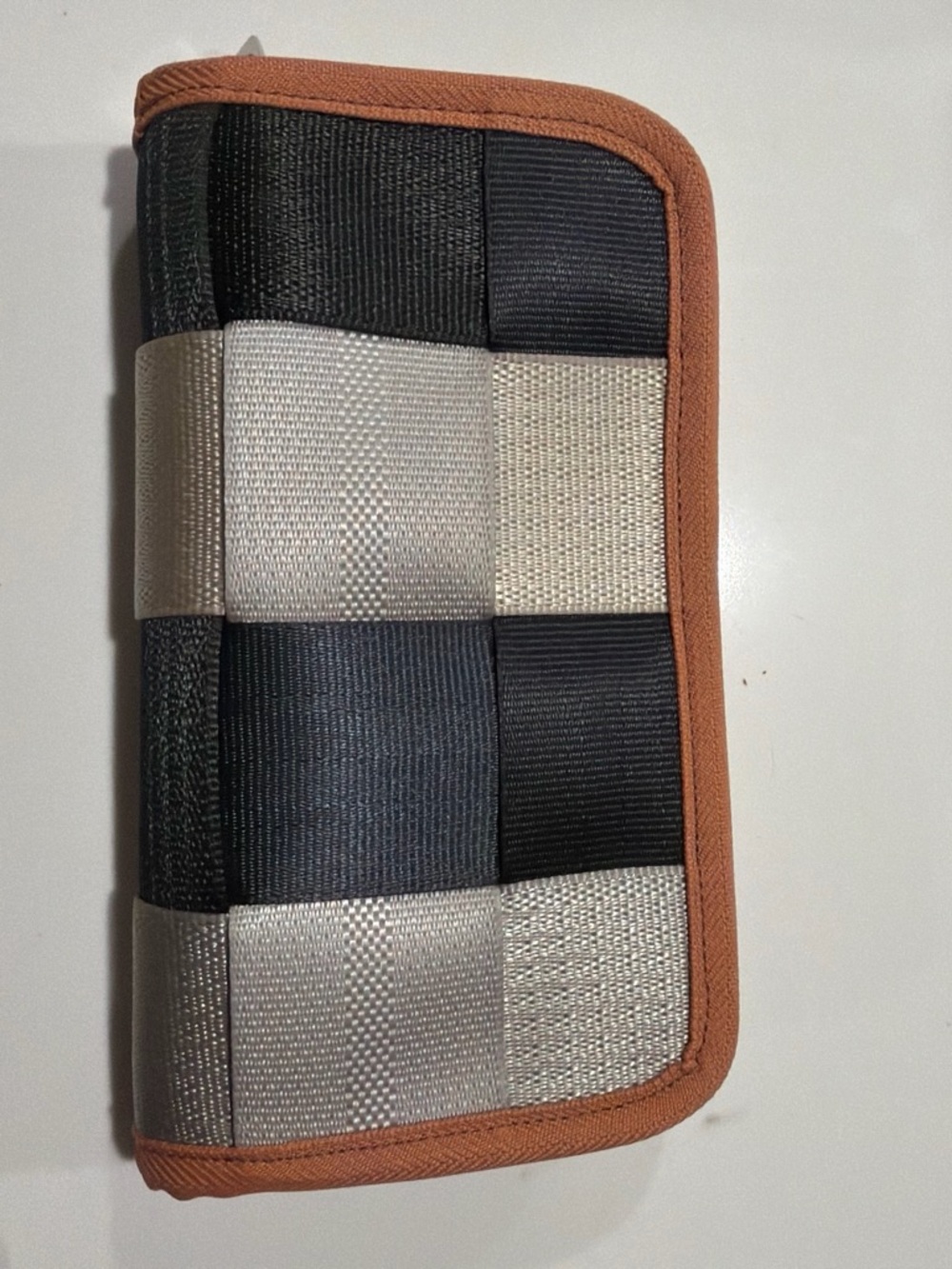 Woven Black and Silver Zip Wallet with Tan Trim